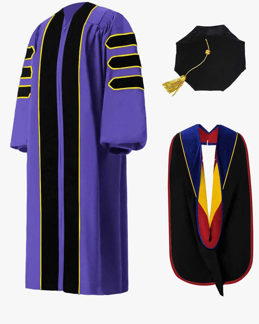 Custom Deluxe Split Velvet Doctoral Gown, Tam & Hood Package - Graduation Cap&Gown