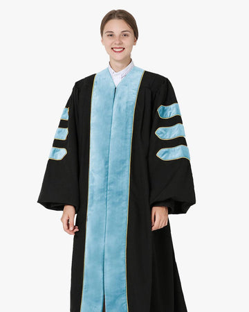 Deluxe Doctoral Academic Gowns - Light Blue with Gold Piping - Graduation Cap&Gown