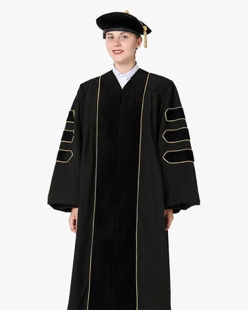 Deluxe Doctoral Gown Tam - Black Trim with Gold Piping - Graduation Cap&Gown