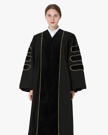 Deluxe Doctoral Academic Gown Only - Black with Gold Piping - Graduation Cap&Gown
