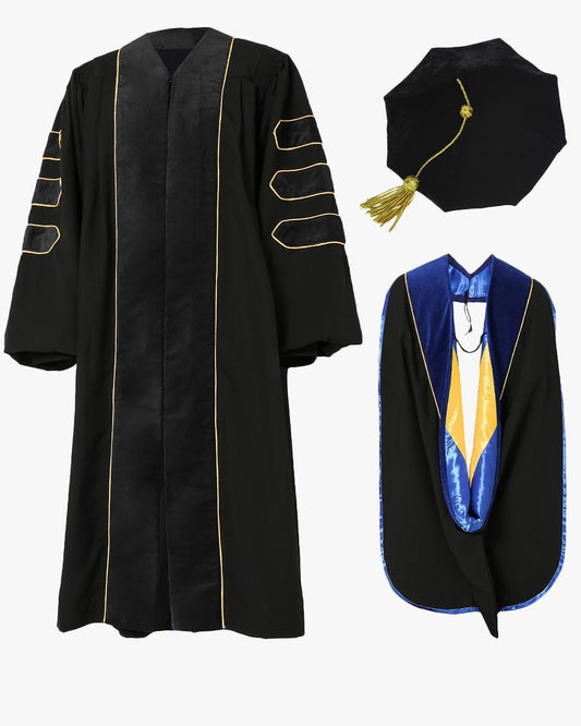 Deluxe Doctoral Tam, Gown & Hood Package - Black - Graduation Cap&Gown