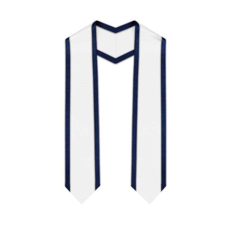 White Pointed Graduation Stole with Navy Blue Trim - Graduation Cap&Gown