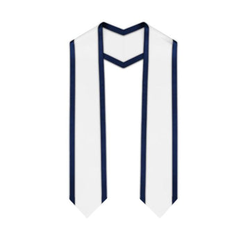 White Pointed Graduation Stole with Navy Blue Trim - Graduation Cap&Gown