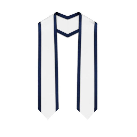 White Pointed Graduation Stole with Navy Blue Trim - Graduation Cap&Gown