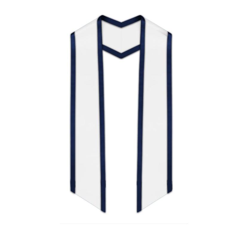 White Slanted Graduation Stole with Navy Blue Trim - Graduation Cap&Gown