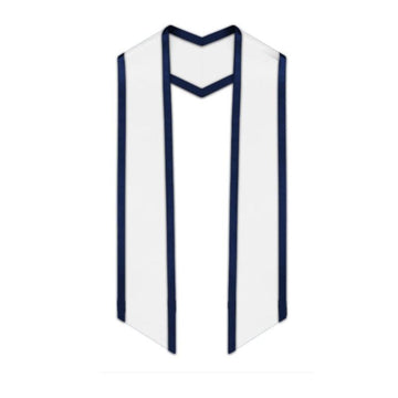 White Slanted Graduation Stole with Navy Blue Trim - Graduation Cap&Gown