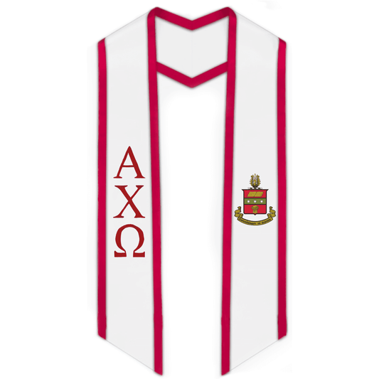 Alpha Chi Omega Trimmed Greek Lettered Graduation Stole w/ Crest - Graduation Cap&Gown
