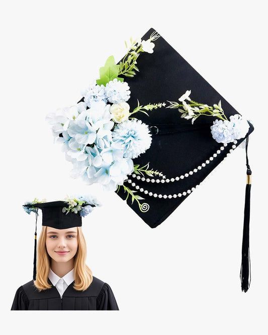 High School & Bachelor Matte Graduation Cap with Flower Decoration - 3 Colors Available - Graduation Cap&Gown