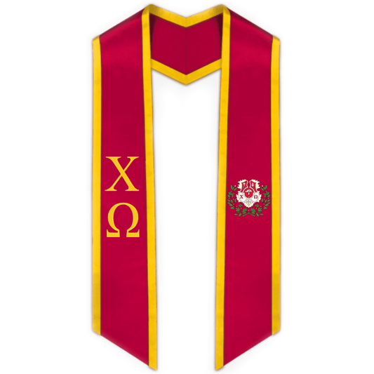 Chi Omega Trimmed Greek Lettered Graduation Stole w/ Crest - Graduation Cap&Gown