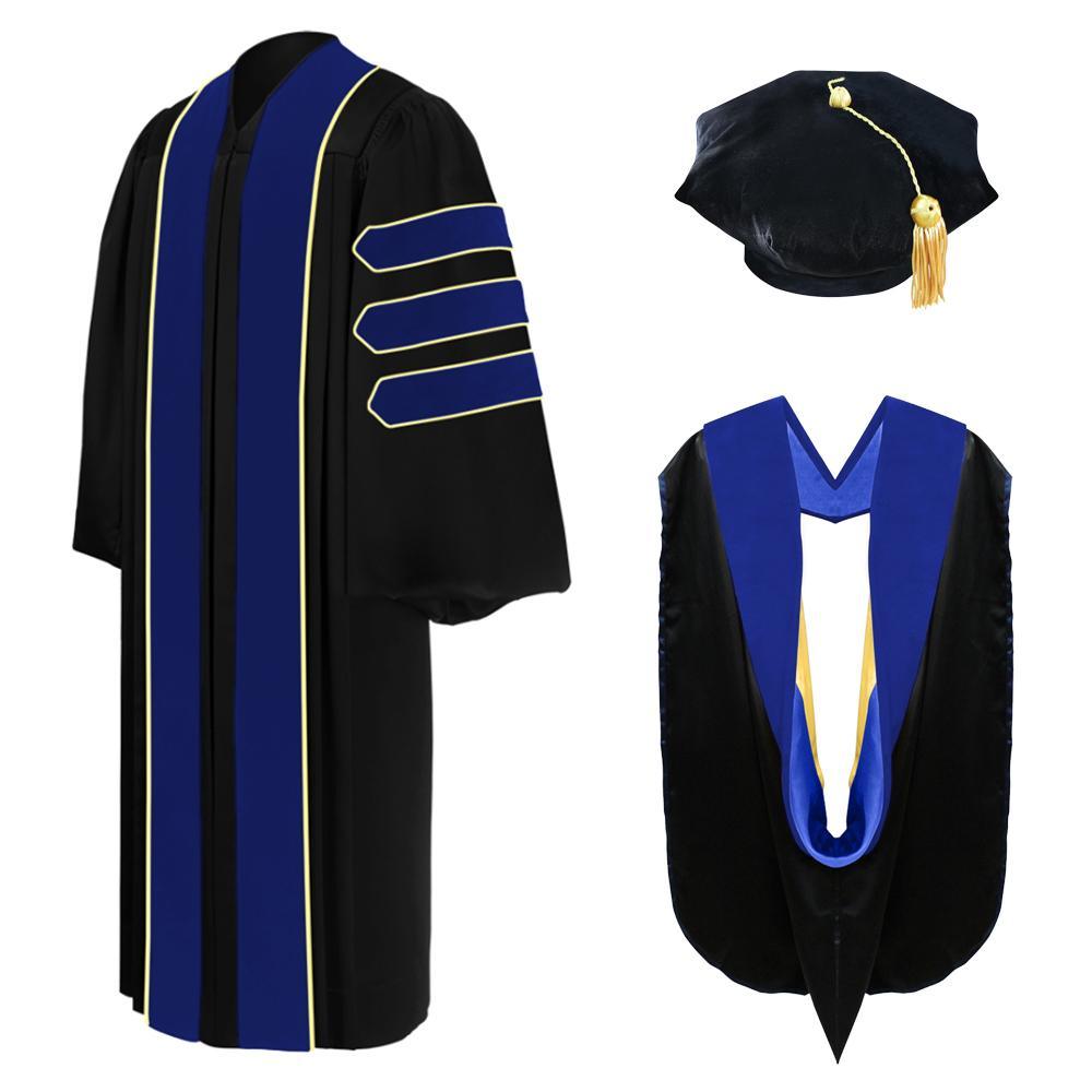 Deluxe PhD Doctoral Graduation Tam, Gown & Hood Package - PhD Blue - Graduation Cap&Gown