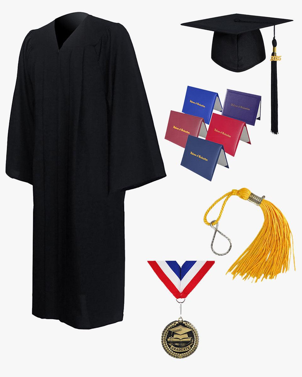 High School Premium Matte Graduation Cap, Gown, Stole, Imprinted Diploma Cover & Graduation Souvenirs Package - Graduation Cap&Gown