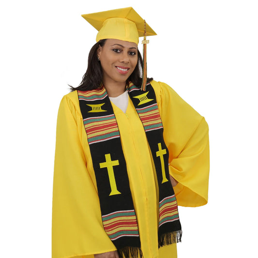 Christian Cross Graduation Kente Stole, Handwoven Kente Clergy Usher Cloth - Graduation Cap&Gown