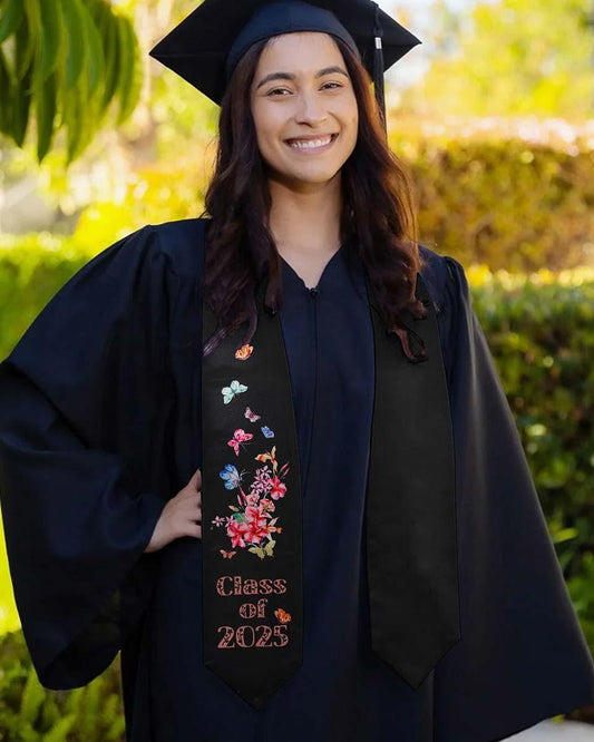 Class of 2025 Adults Floral Imprinted Graduation Stoles with Classic End - 2 Colors Available - Graduation Cap&Gown