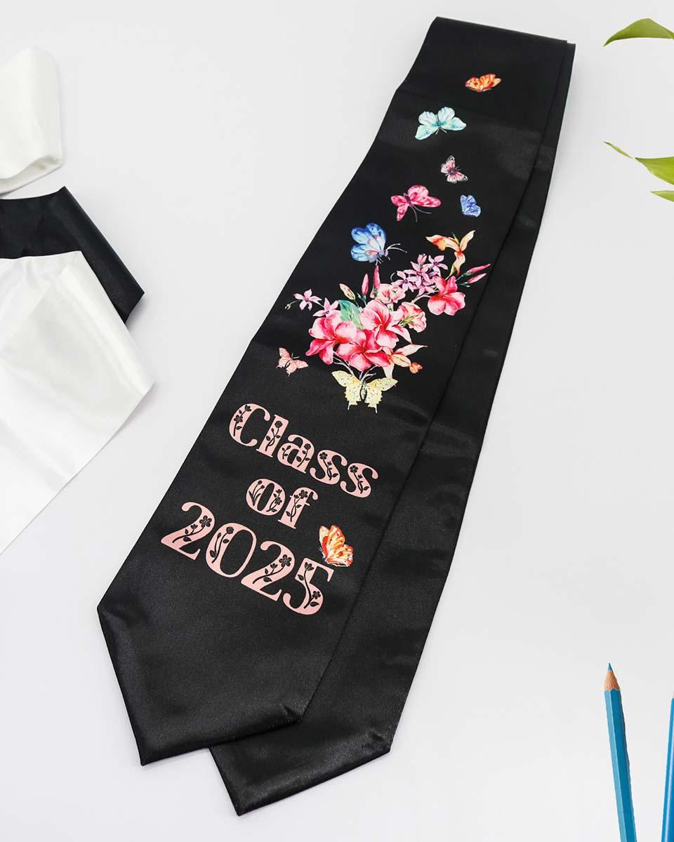 Class of 2025 Adults Floral Imprinted Graduation Stoles with Classic End - 2 Colors Available - Graduation Cap&Gown