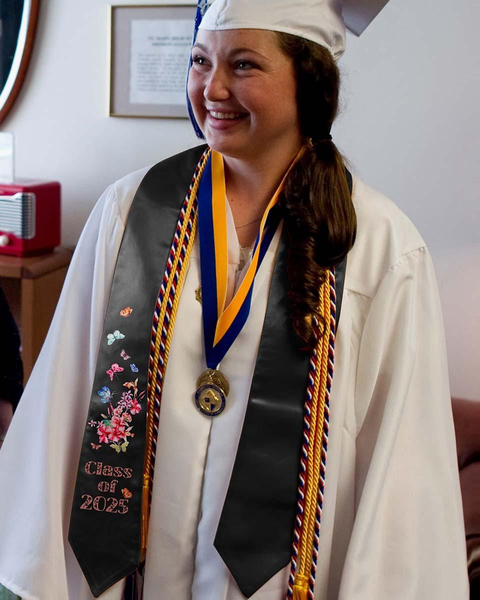 Class of 2025 Adults Floral Imprinted Graduation Stoles with Classic End - 2 Colors Available - Graduation Cap&Gown