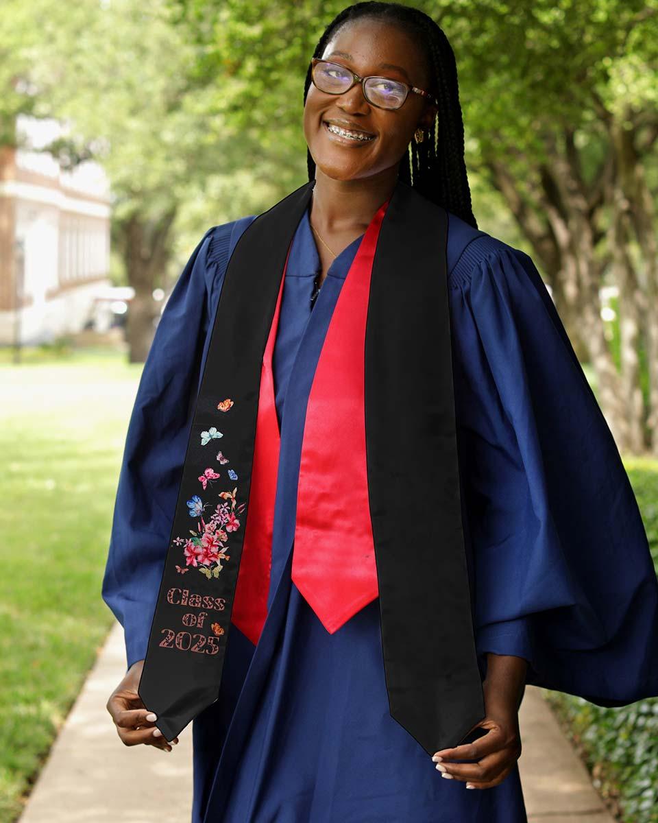 Class of 2025 Adults Floral Imprinted Graduation Stoles with Classic End - 2 Colors Available - Graduation Cap&Gown