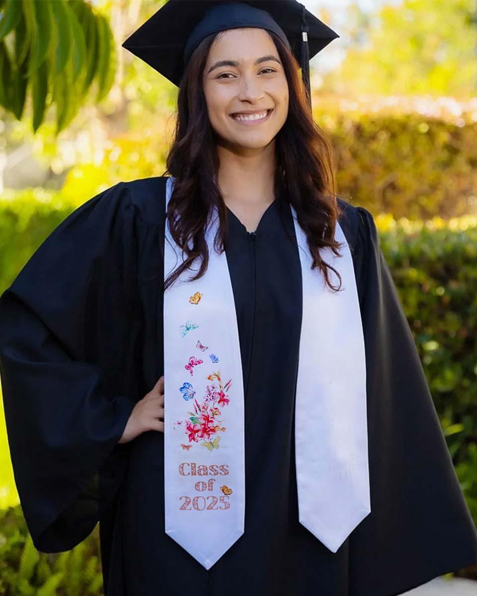 Class of 2025 Adults Floral Imprinted Graduation Stoles with Classic End - 2 Colors Available - Graduation Cap&Gown