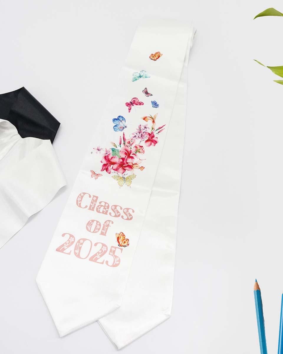 Class of 2025 Adults Floral Imprinted Graduation Stoles with Classic End - 2 Colors Available - Graduation Cap&Gown