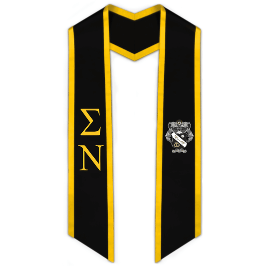 Sigma Nu Trimmed Greek Lettered Graduation Stole W/ Crest - Graduation Cap&Gown