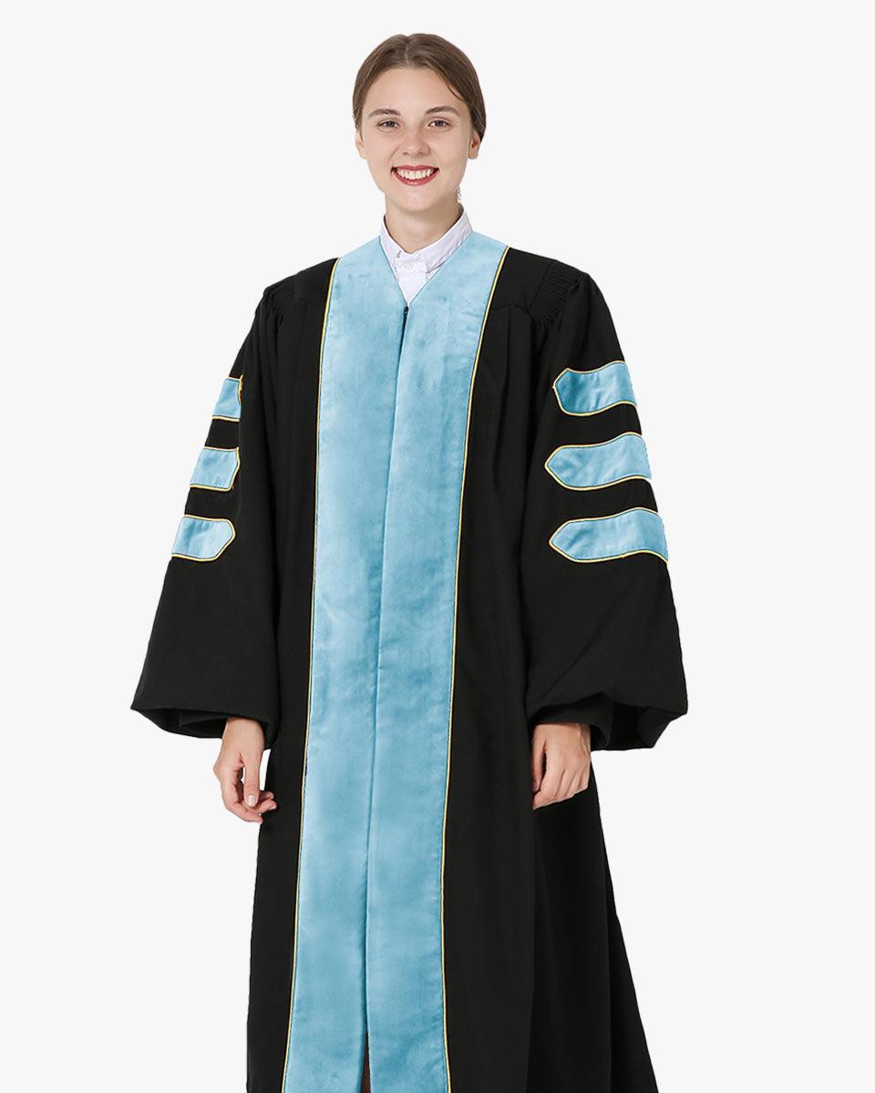 Deluxe Doctoral Gown Tam - Light Blue Trim with Gold Piping - Graduation Cap&Gown