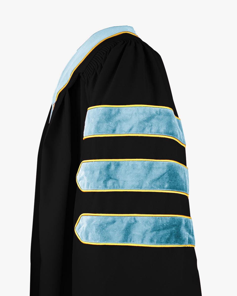 Deluxe Doctoral Gown Tam - Light Blue Trim with Gold Piping - Graduation Cap&Gown