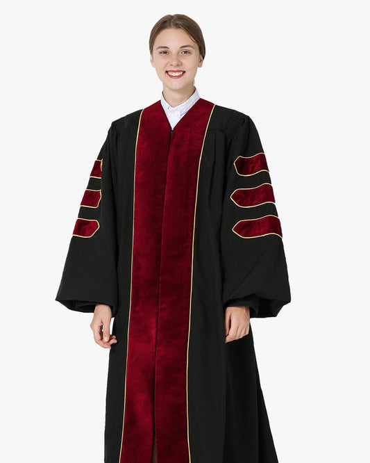 Deluxe Doctoral Graduation Gown and Cap Tam - Scarlet Trim with Gold Piping - Graduation Cap&Gown
