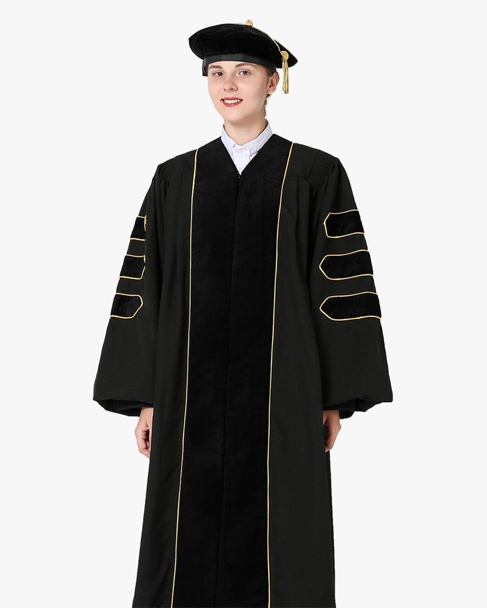 Deluxe Doctoral Gown Tam - Black Trim with Gold Piping - Graduation Cap&Gown
