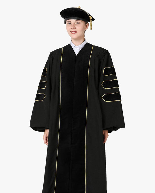 Deluxe Doctoral Gown Tam - Black Trim with Gold Piping - Graduation Cap&Gown