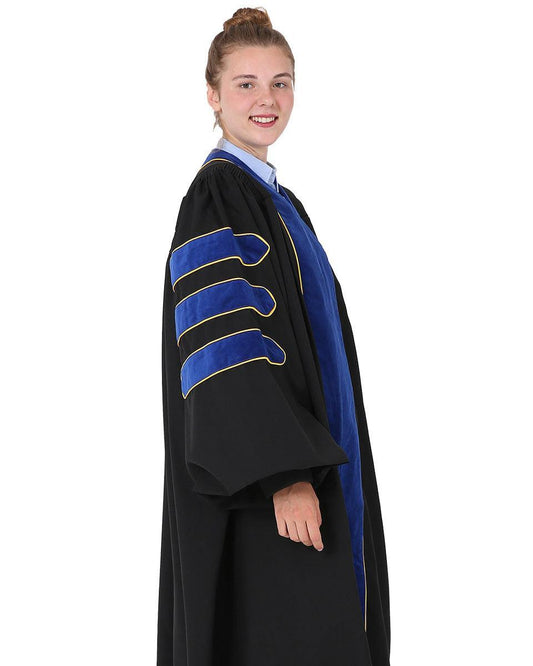 Deluxe Doctoral Gown Tam - PhD Blue Trim with Gold Piping - Graduation Cap&Gown