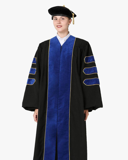 Deluxe Doctoral Gown Tam - PhD Blue Trim with Gold Piping - Graduation Cap&Gown