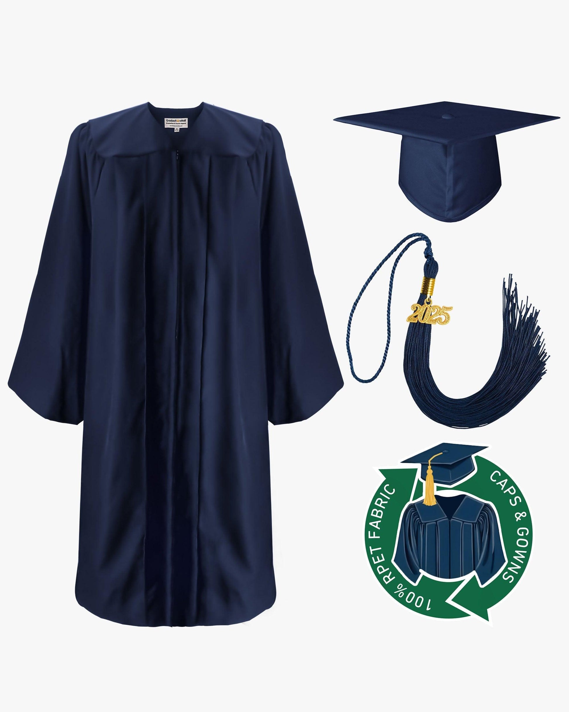 100% Recycled Material High School Graduation Cap and Gown with Pockets - 3 Colors Available - Graduation Cap&Gown